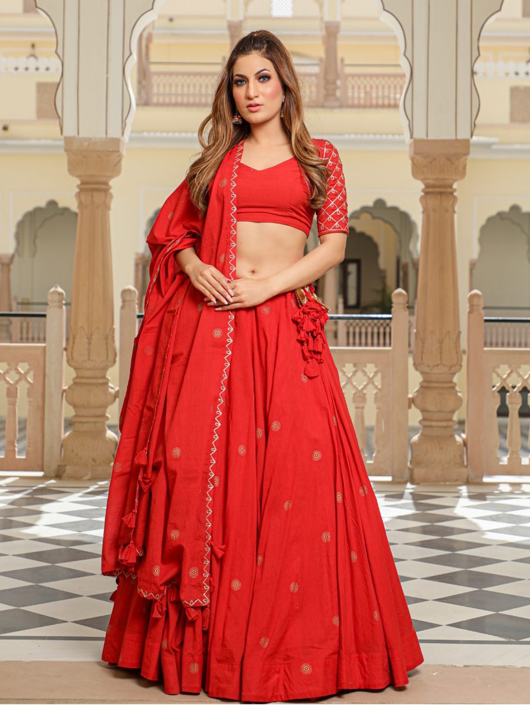 

Baisacrafts Red & Gold-Toned Embroidered Block Print Lehenga Choli With Dupatta