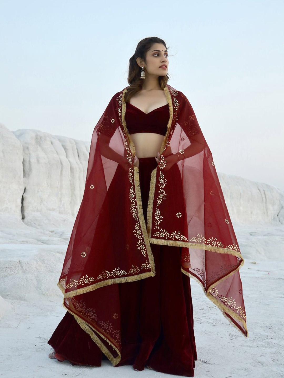 

Baisacrafts Maroon & Gold-Toned Foil Print Lehenga Choli With Dupatta