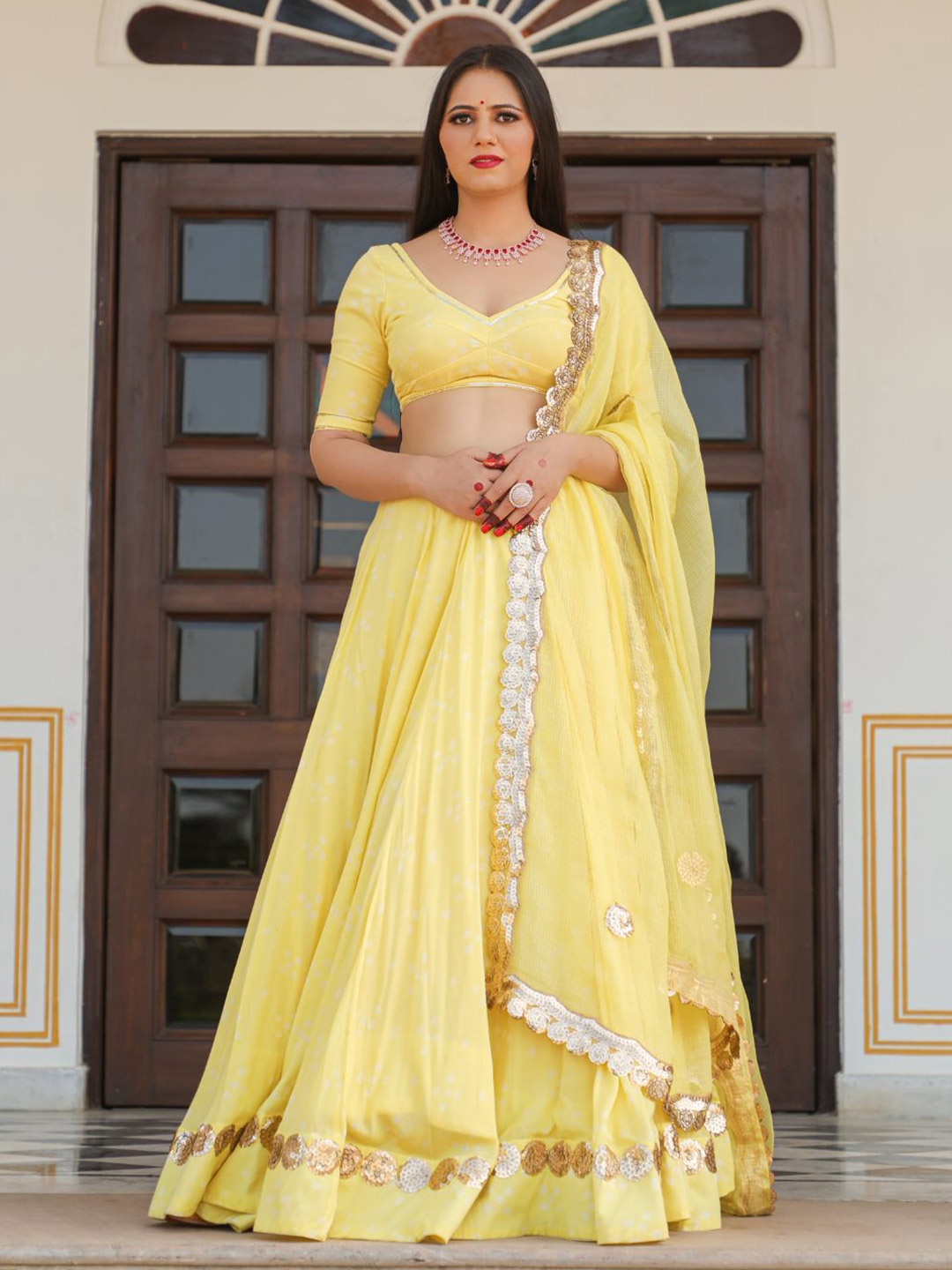 

Baisacrafts Yellow & Gold-Toned Printed & Sequined Lehenga & Blouse With Dupatta