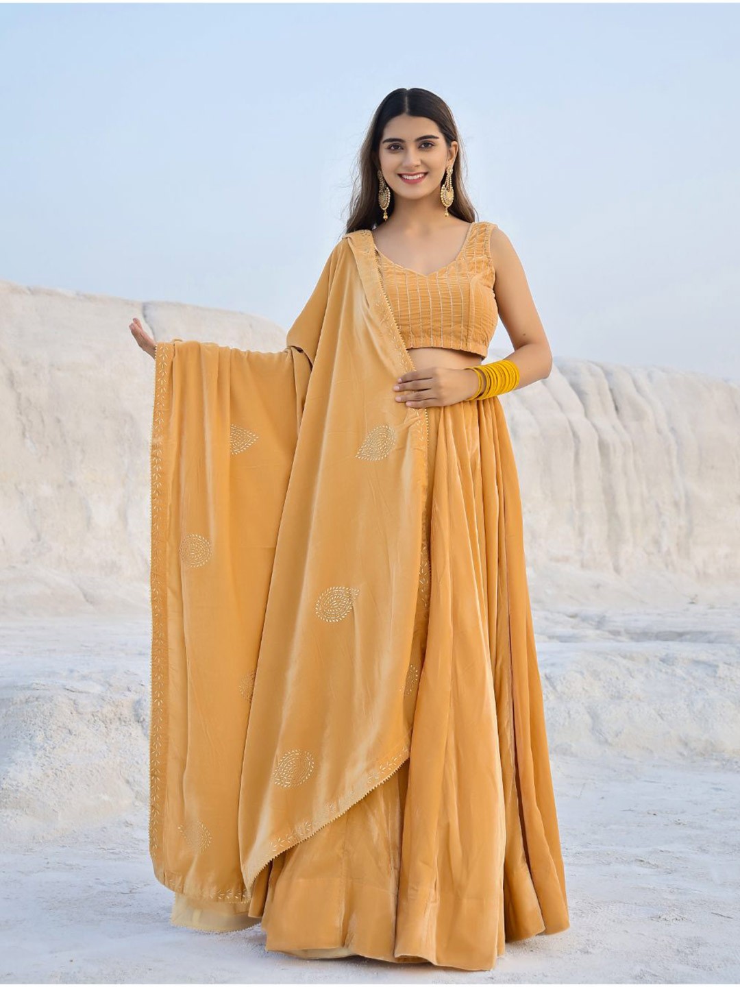 

Baisacrafts Gold-Toned & White Embroidered Foil Print Lehenga Choli With Dupatta