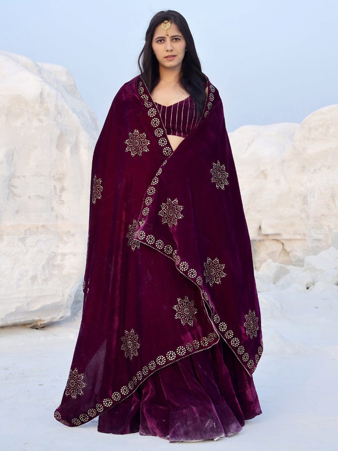 

Baisacrafts Violet & Gold-Toned Foil Print Lehenga Choli With Dupatta