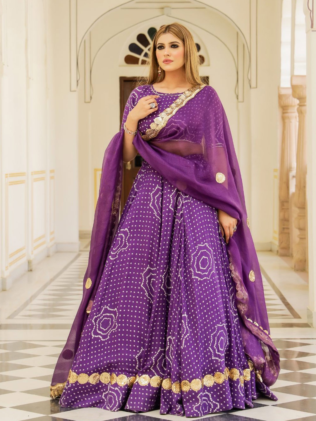 

Baisacrafts Violet & Gold-Toned Embroidered Sequinned Lehenga Choli With Dupatta