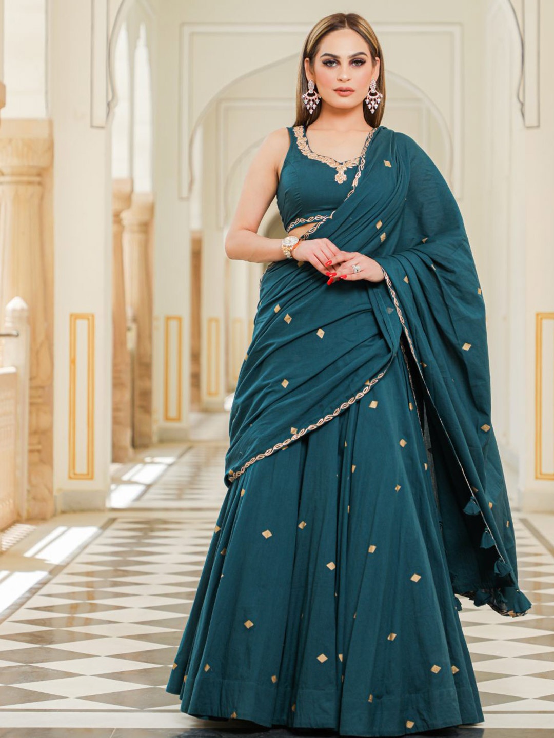 

Baisacrafts Green & Gold-Toned Thread Work Block Print Lehenga Choli With Dupatta