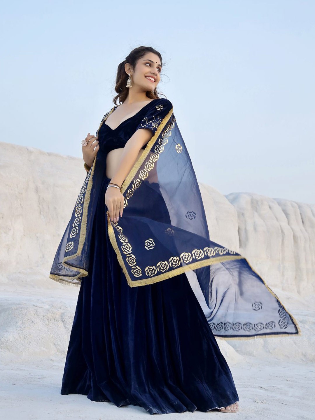 

Baisacrafts Blue & Gold-Toned Embroidered Foil Print Lehenga Choli With Dupatta