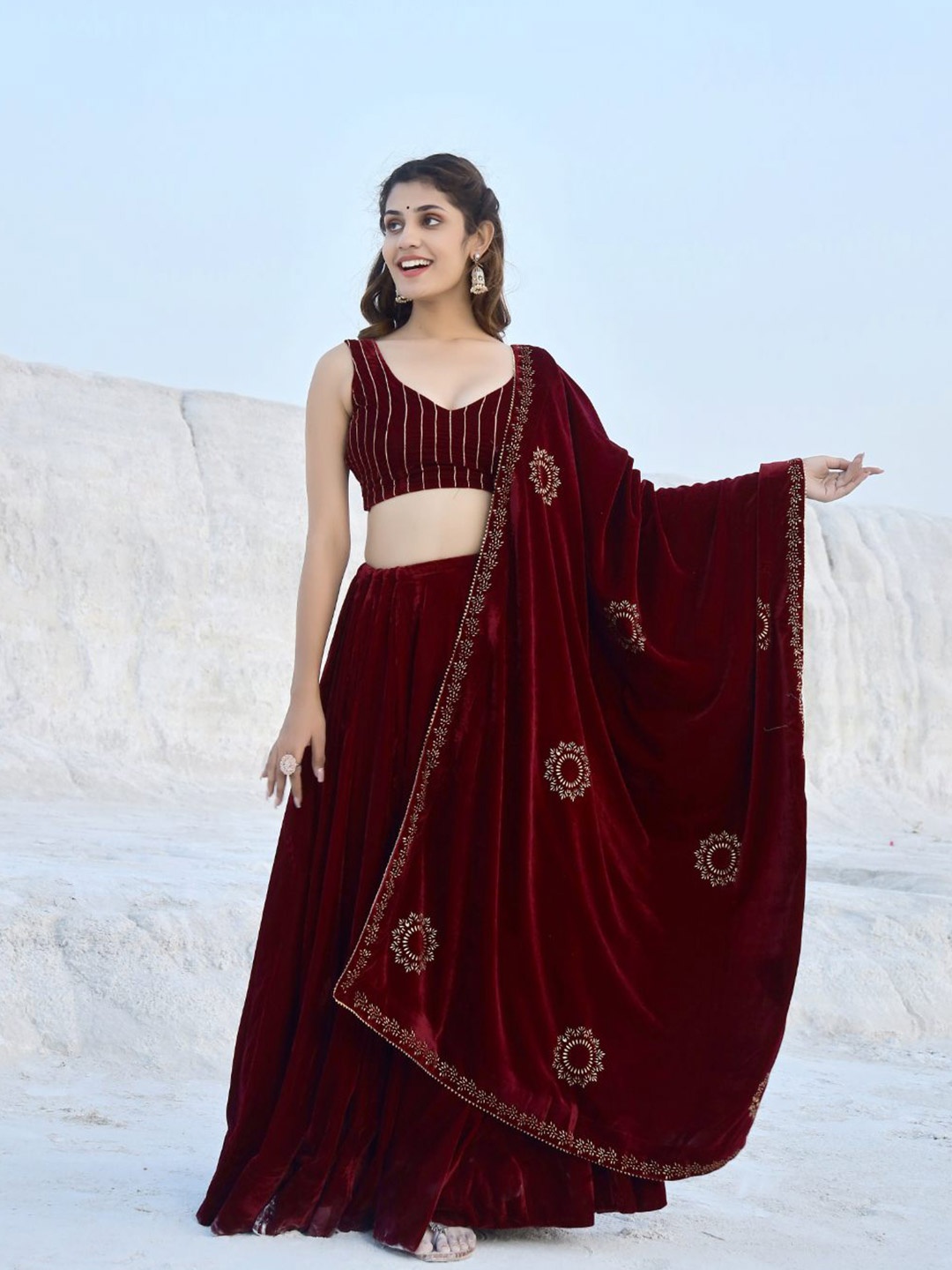 

Baisacrafts Maroon & Gold-Toned Foil Print Lehenga Choli With Dupatta