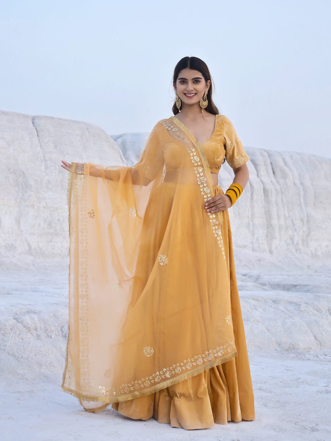 

Baisacrafts Gold-Toned Foil Print Lehenga Choli With Dupatta