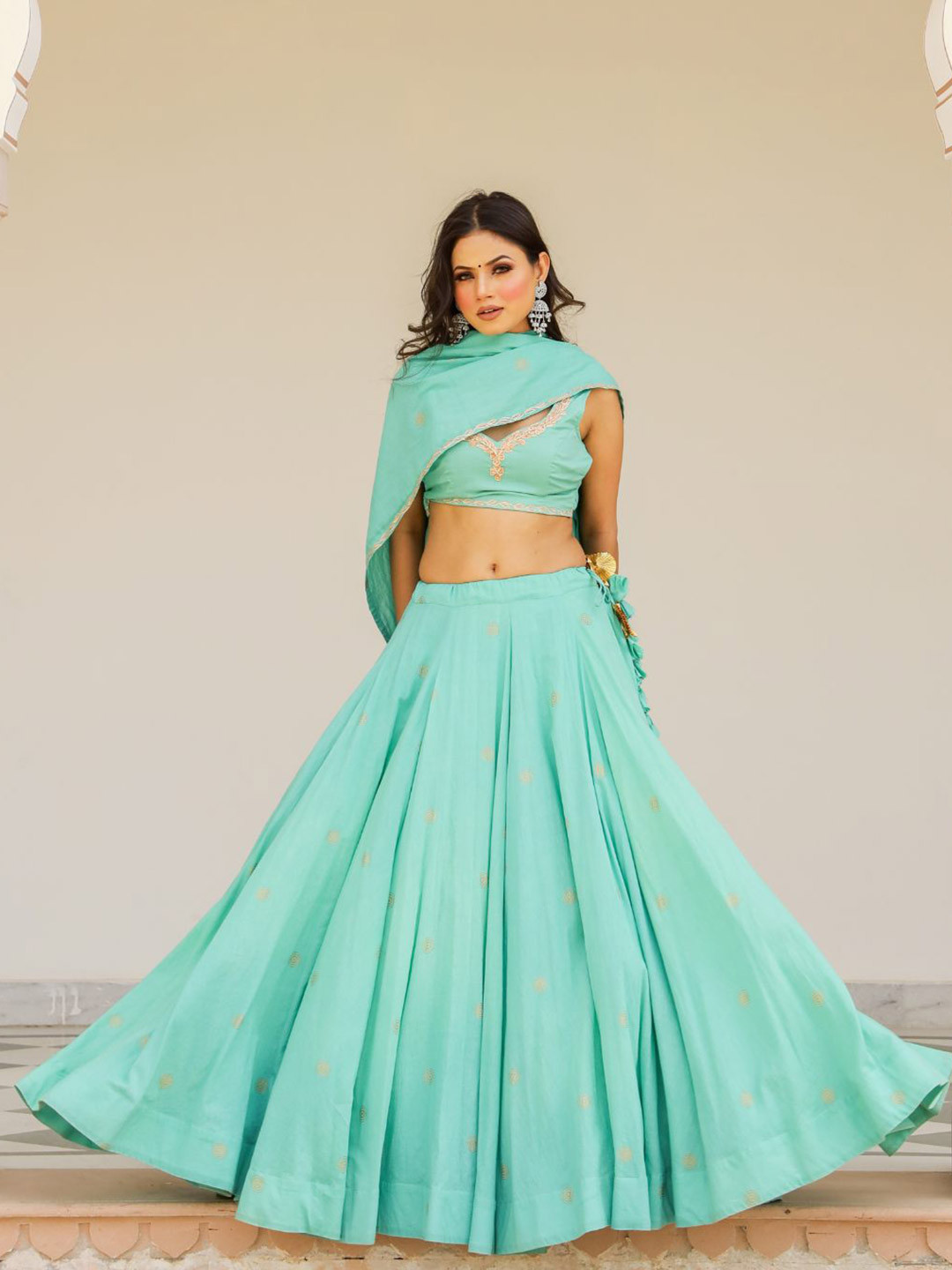 

Baisacrafts Sea Green & Gold-Toned Embroidered & Block Print Lehenga Choli With Dupatta