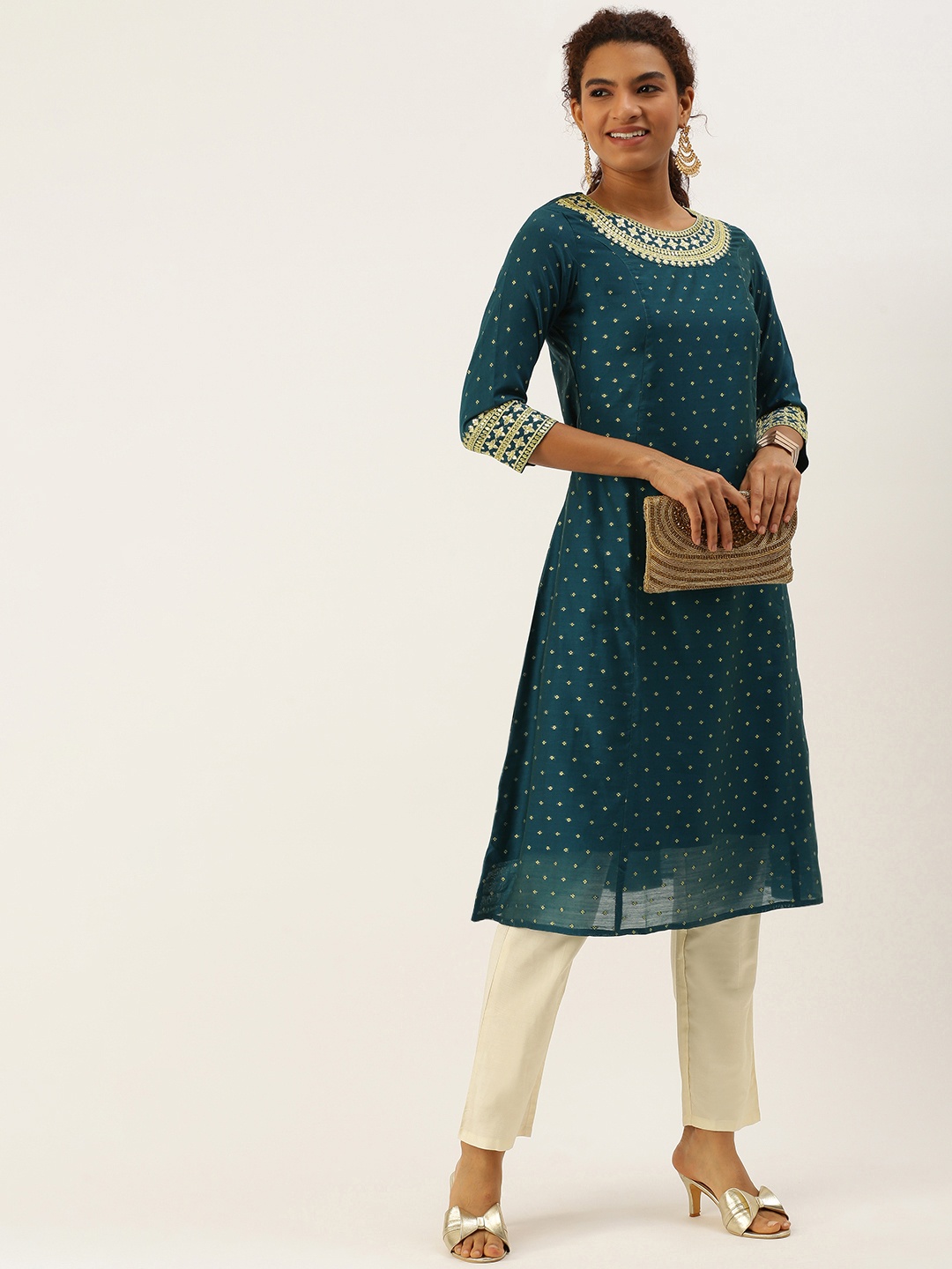 

SWAGG INDIA Women Teal Ethnic Motifs Embroidered Sequinned Kurta with Trousers