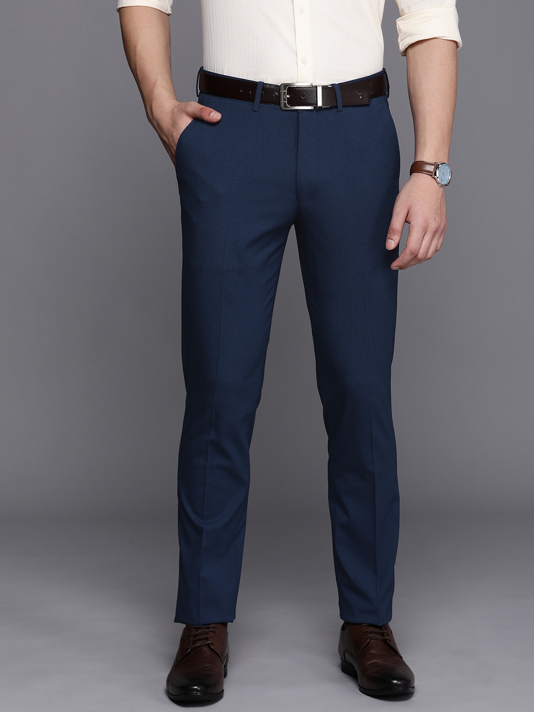 

SUITLTD Men Checked Smart Slim Fit Formal Trousers, Navy blue