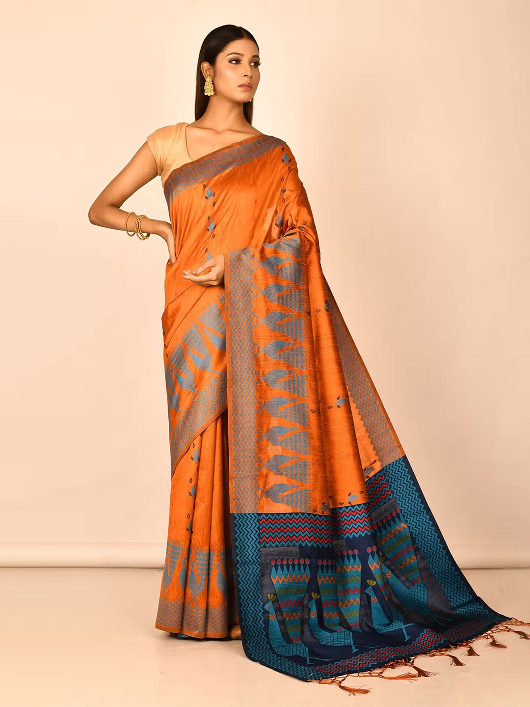 

AYKA CLOTHINGS Rust & Turquoise Blue Woven Design Zari Ikat Saree