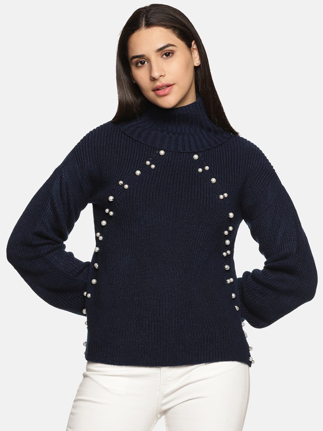 

ISU Women Navy Blue Turtle Neck Embellished Knitted Sweater