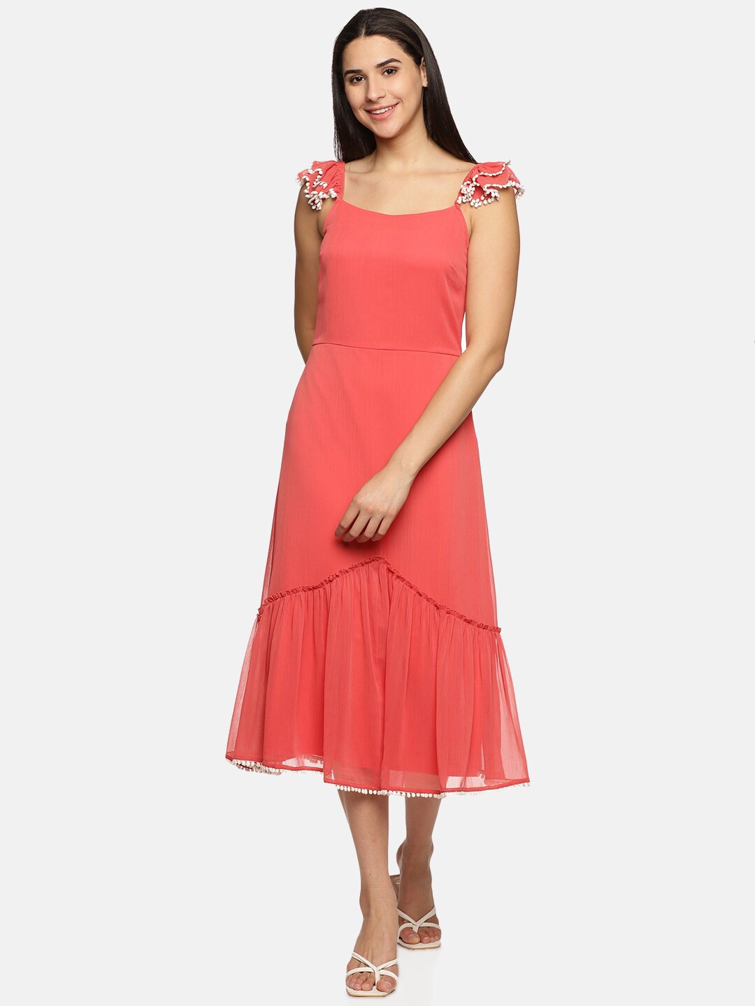 

ISU Coral Flutter Sleeve A-Line Midi Cotton Dress