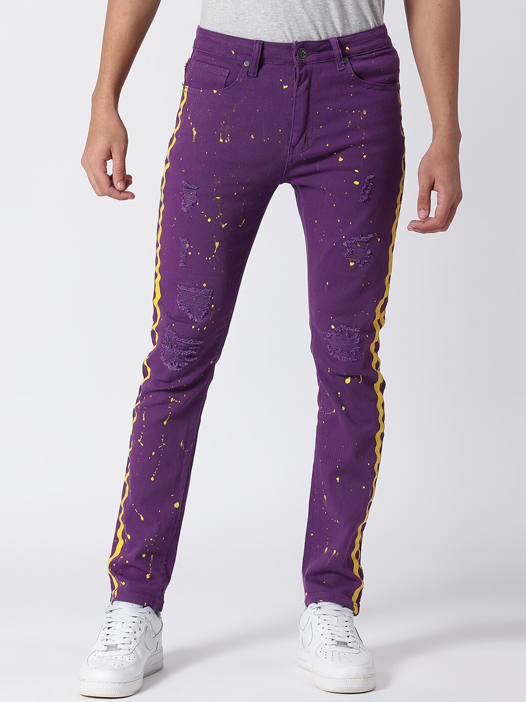

WAIMEA Men Purple Skinny Fit Mildly Distressed Printed Stretchable Jeans