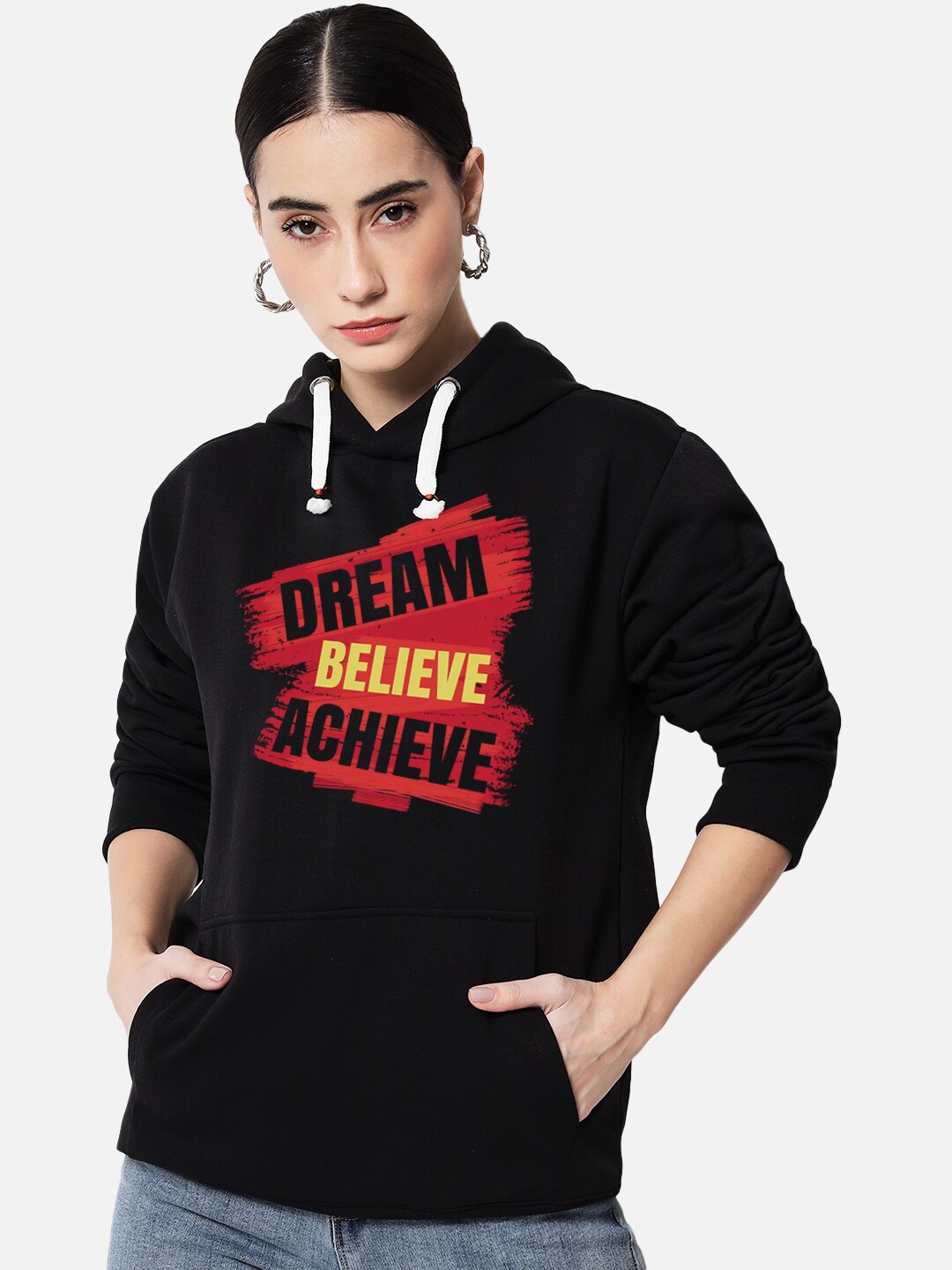 

FFLIRTYGO Women Black Printed Hooded Fleece Sweatshirt
