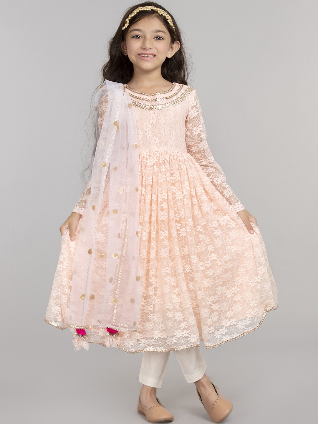 

BYB PREMIUM Girls Peach-Coloured Floral Gotta Patti Kurta with Trousers & Dupatta