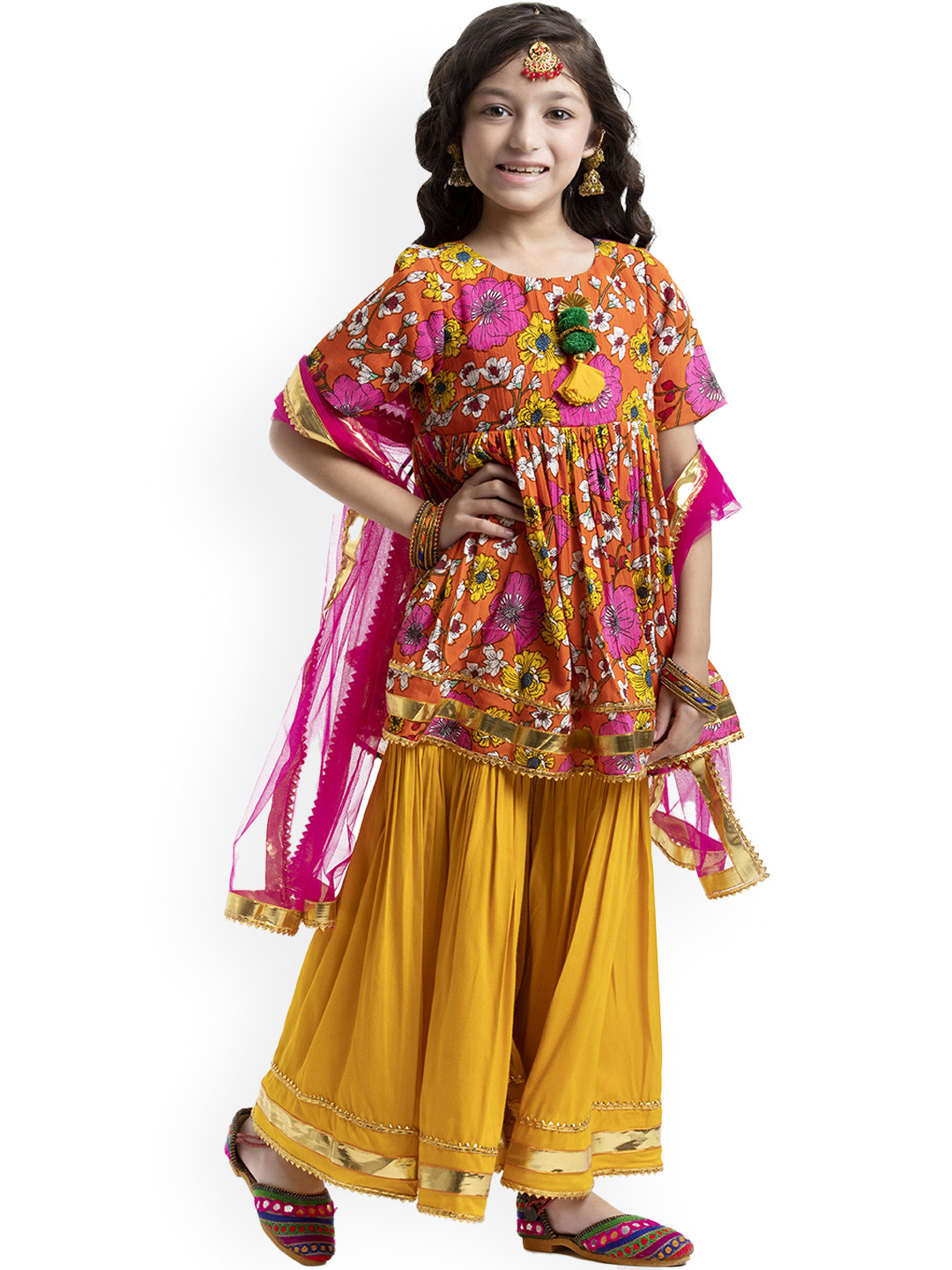 

BYB PREMIUM Girls Pink Printed Kurti with Sharara & With Dupatta