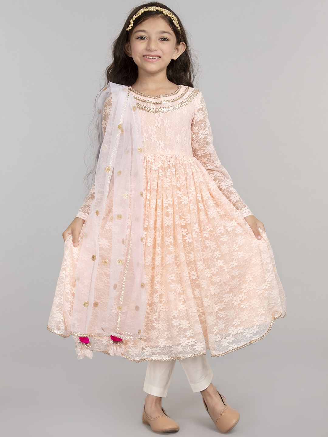 

BYB PREMIUM Girls Peach-Coloured Embroidered Kurta with Trousers & With Dupatta