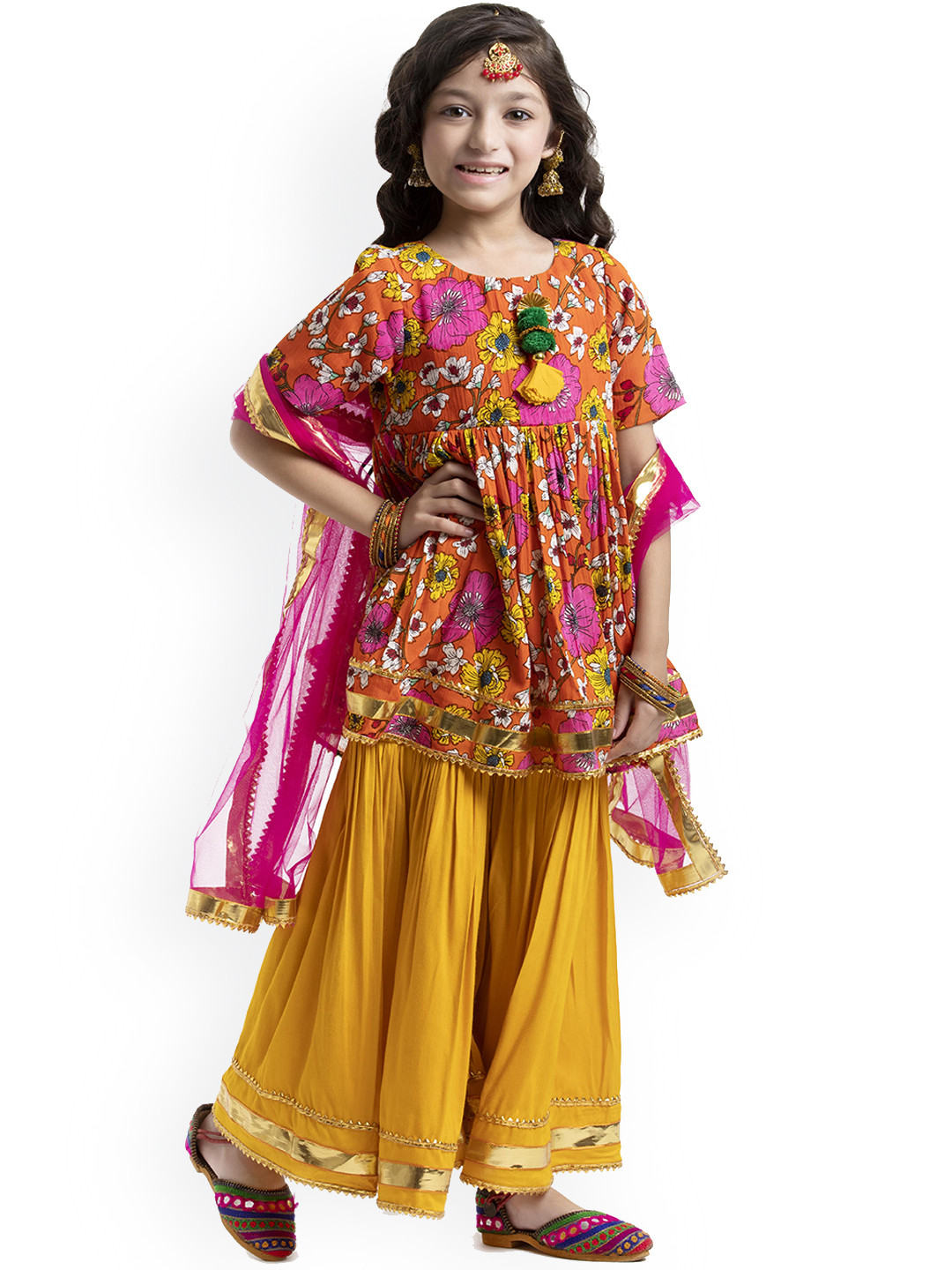 

BYB PREMIUM Girls Pink Floral Printed Kurti with Sharara & With Dupatta