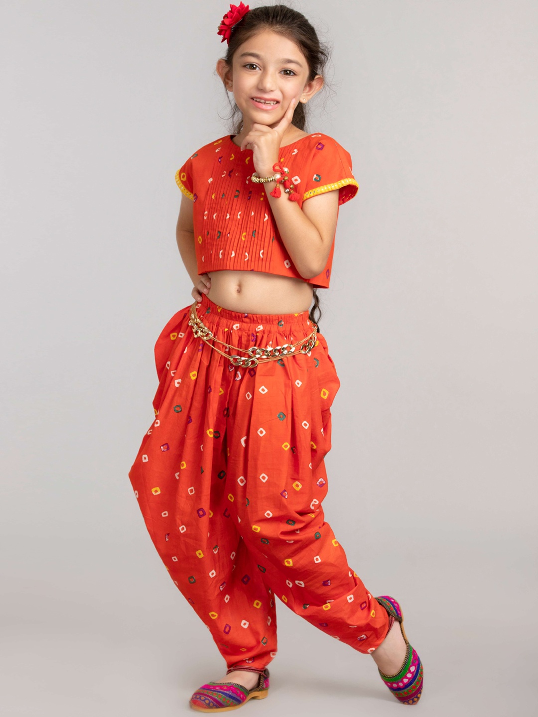 

BYB PREMIUM Girls Orange Bandhani Printed Pure Cotton Top with Patiala