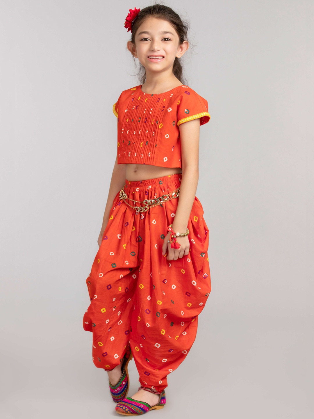 

BYB PREMIUM Girls Orange Bandhani Printed Pure Cotton Top with Patiala