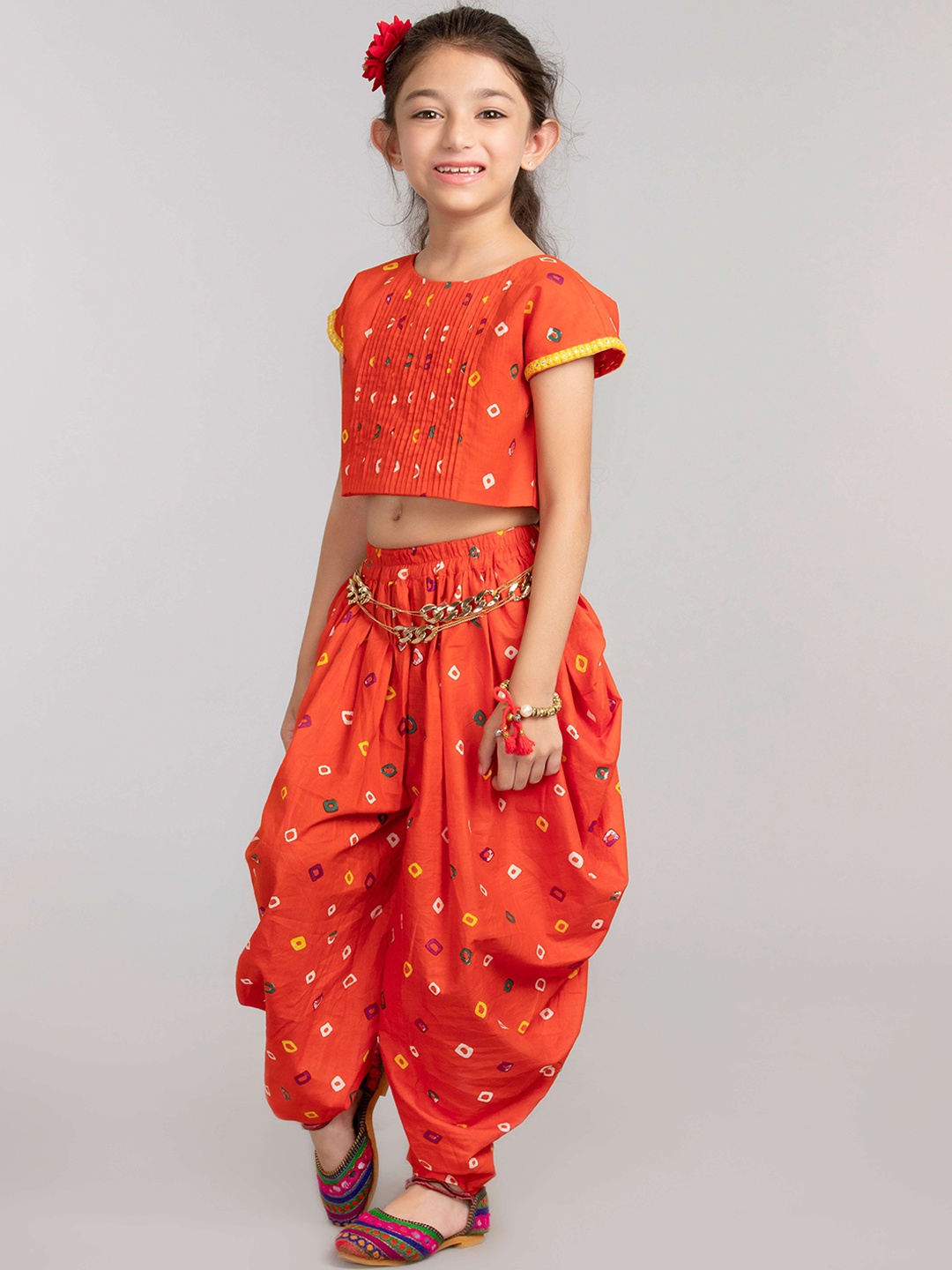 

BYB PREMIUM Girls Orange Bandhani Printed Pure Cotton Top with Patiala
