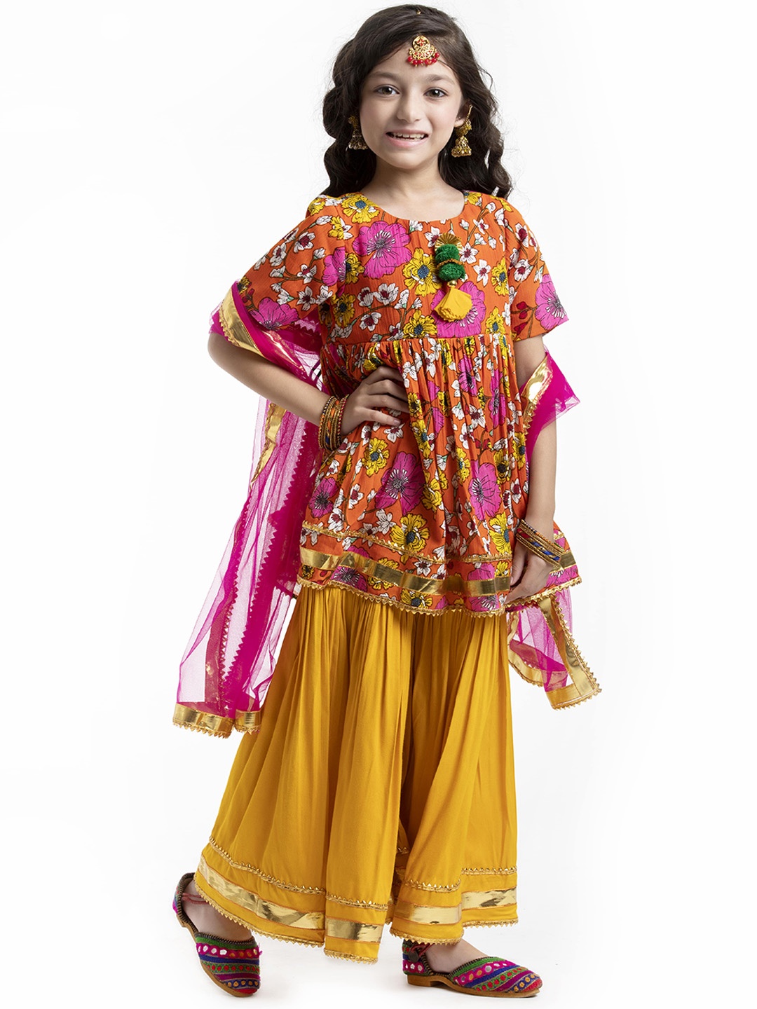 

BYB PREMIUM Girls Orange Floral Printed Gotta Patti Kurti with Sharara & With Dupatta