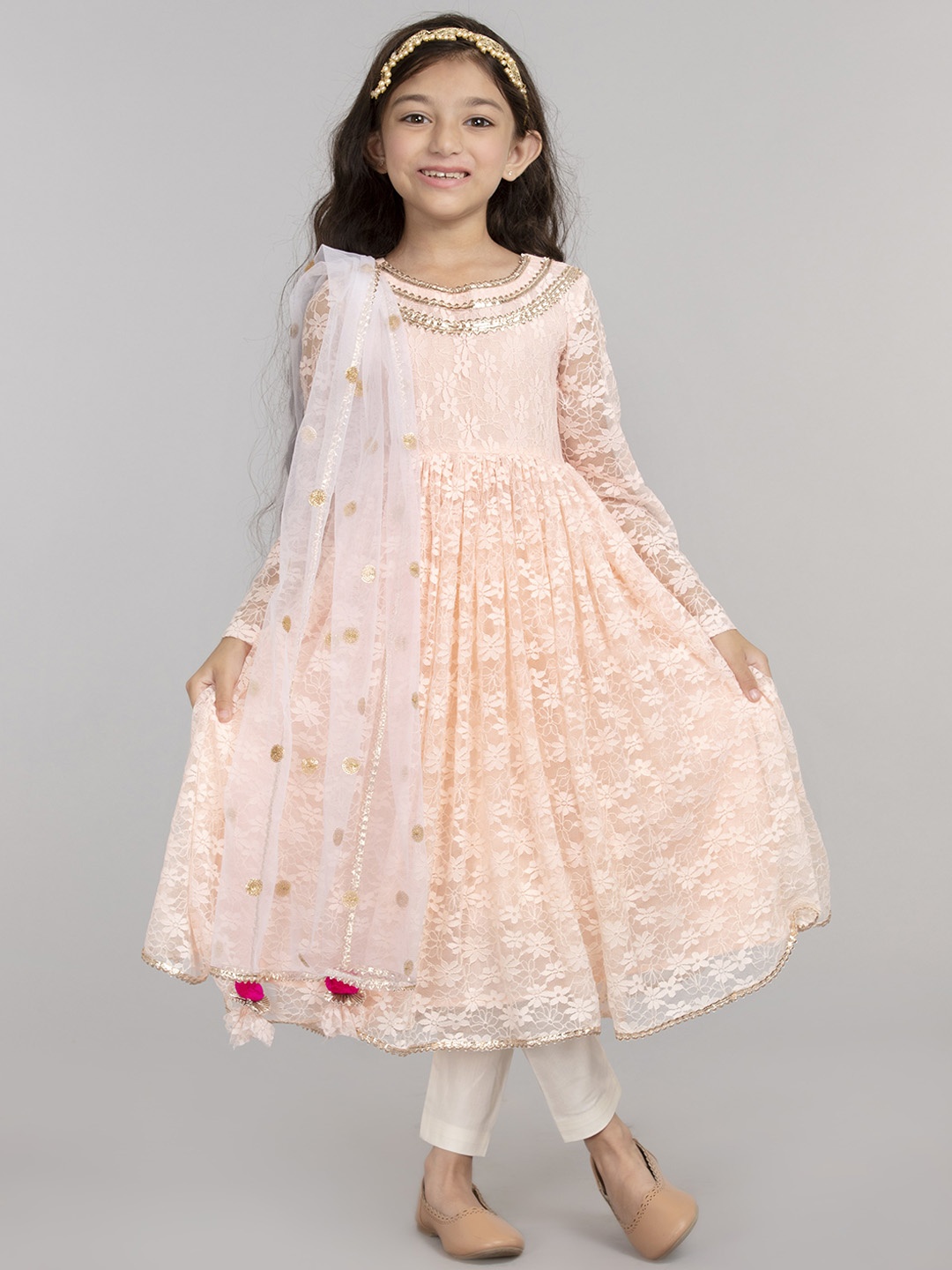 

BYB PREMIUM Girls Peach-Coloured Floral Kurta with Trousers & With Dupatta