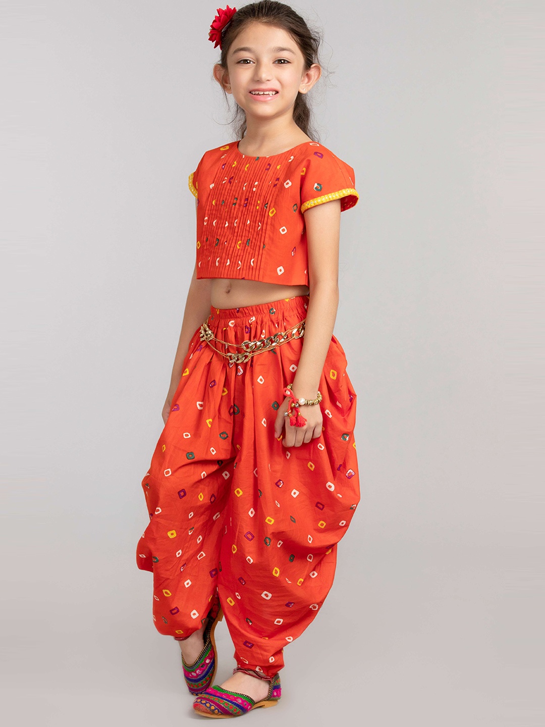 

BYB PREMIUM Girls Orange Bandhani Printed Pure Cotton Top with Dhoti Pants