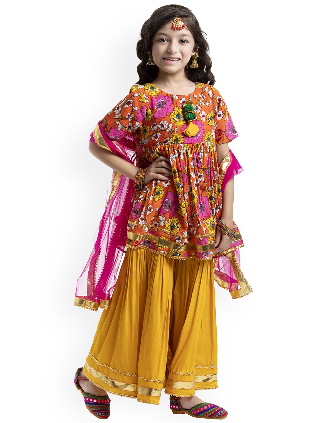 

BYB PREMIUM Girls Orange Printed Kurti with Sharara & With Dupatta