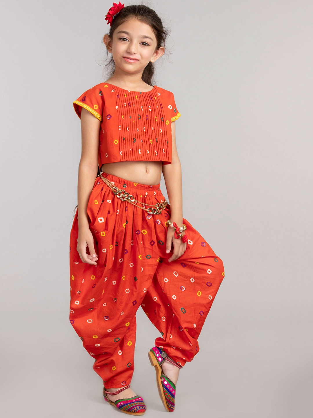 

BYB PREMIUM Girls Orange Bandhani Printed Pure Cotton Top with Dhoti Pants
