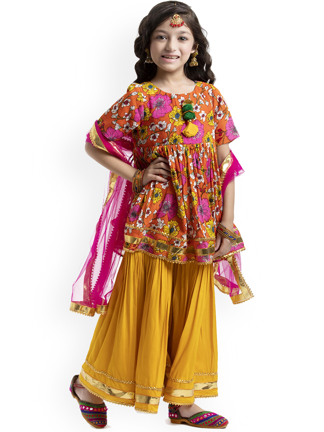 

BYB PREMIUM Girls Orange Floral Printed Gotta Patti Pure Cotton Kurta with Sharara & With Dupatta