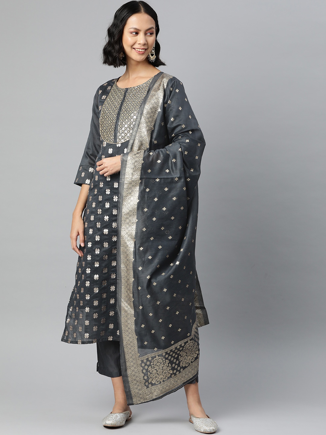 

SERONA FABRICS Women Grey Floral Printed Sequinned Chanderi Silk Kurta with Trousers & With Dupatta