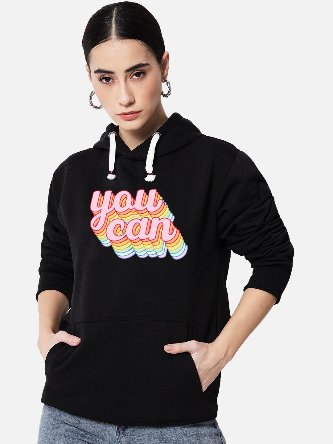 

FFLIRTYGO Women Black Printed Hooded Fleece Sweatshirt