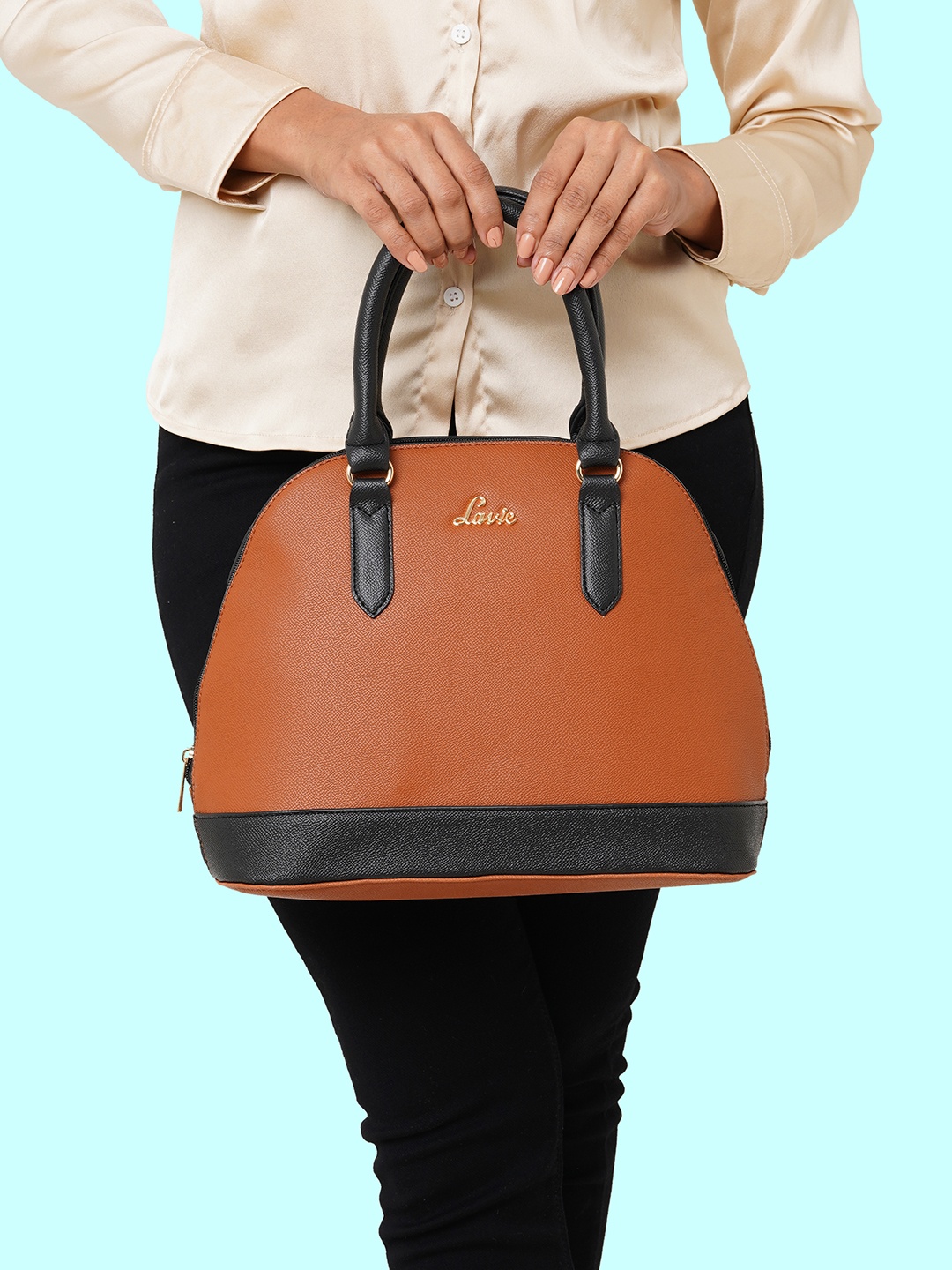 

Lavie Brown and Black Colourblocked Structured Satchel