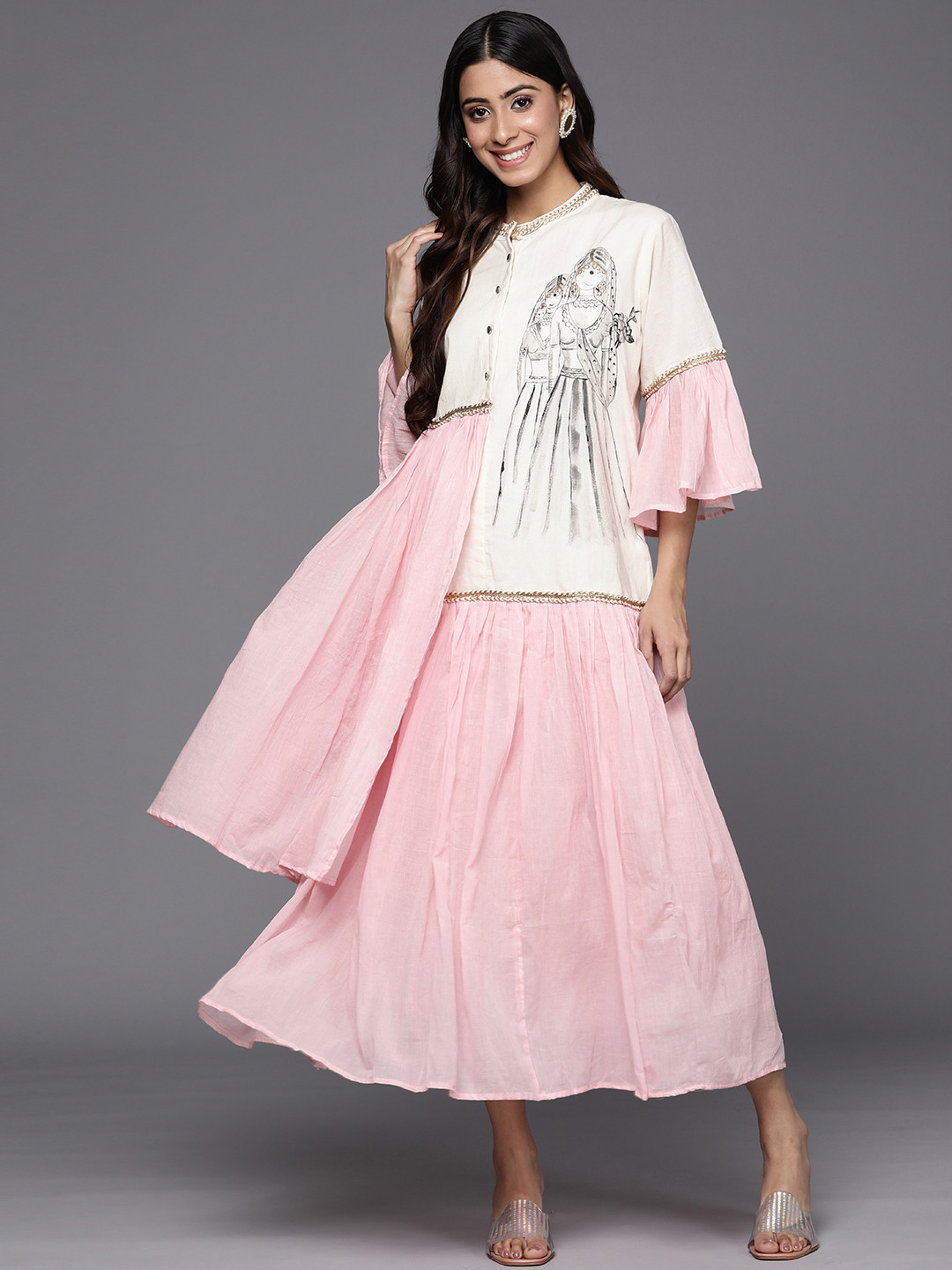 

Indo Era Colourblocked Bell Sleeves Embroidered Maxi Ethnic Dress, Pink