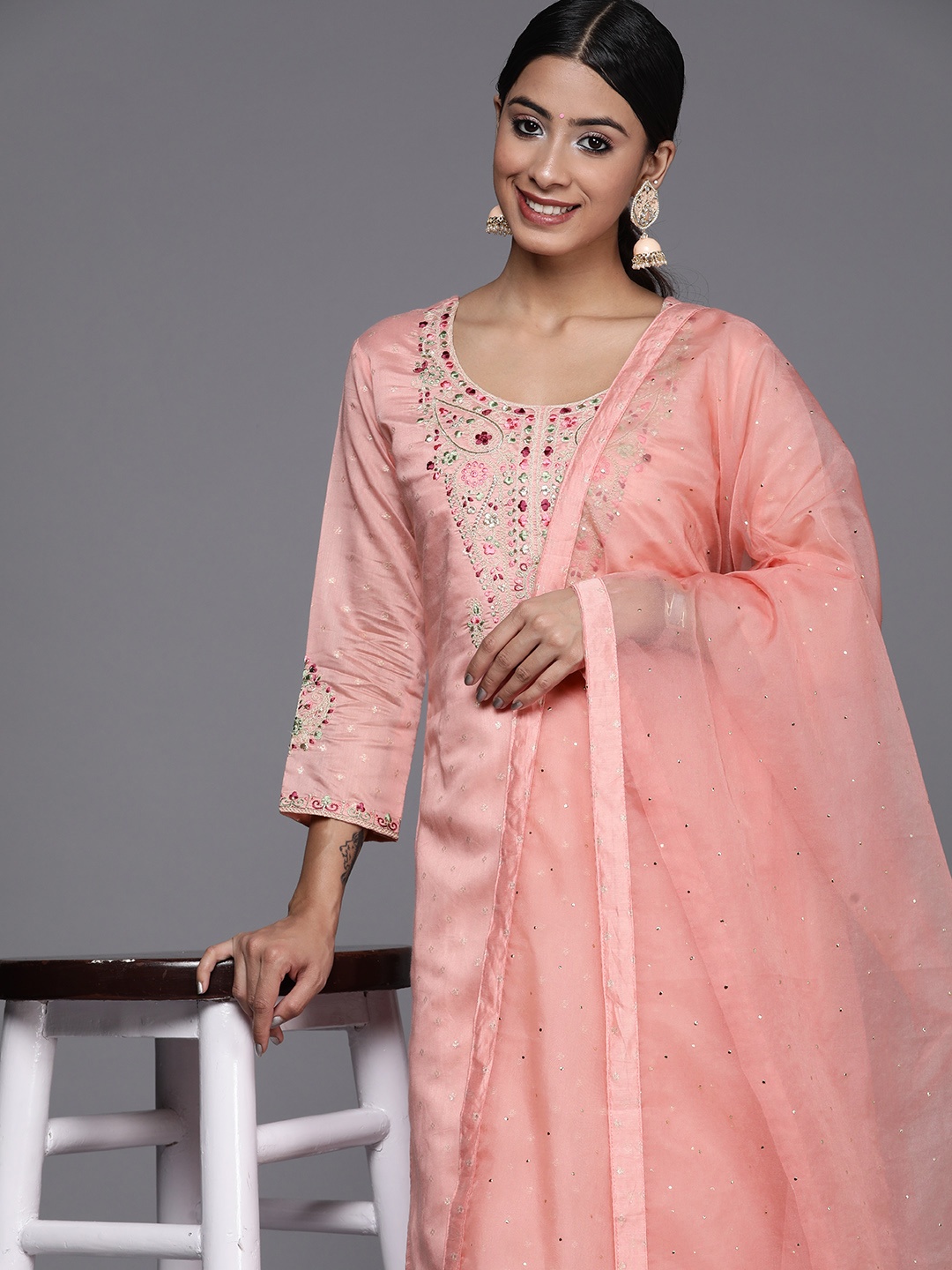 

Indo Era Women Embroidered Thread Work Chanderi Silk Kurta with Trousers & With Dupatta, Pink