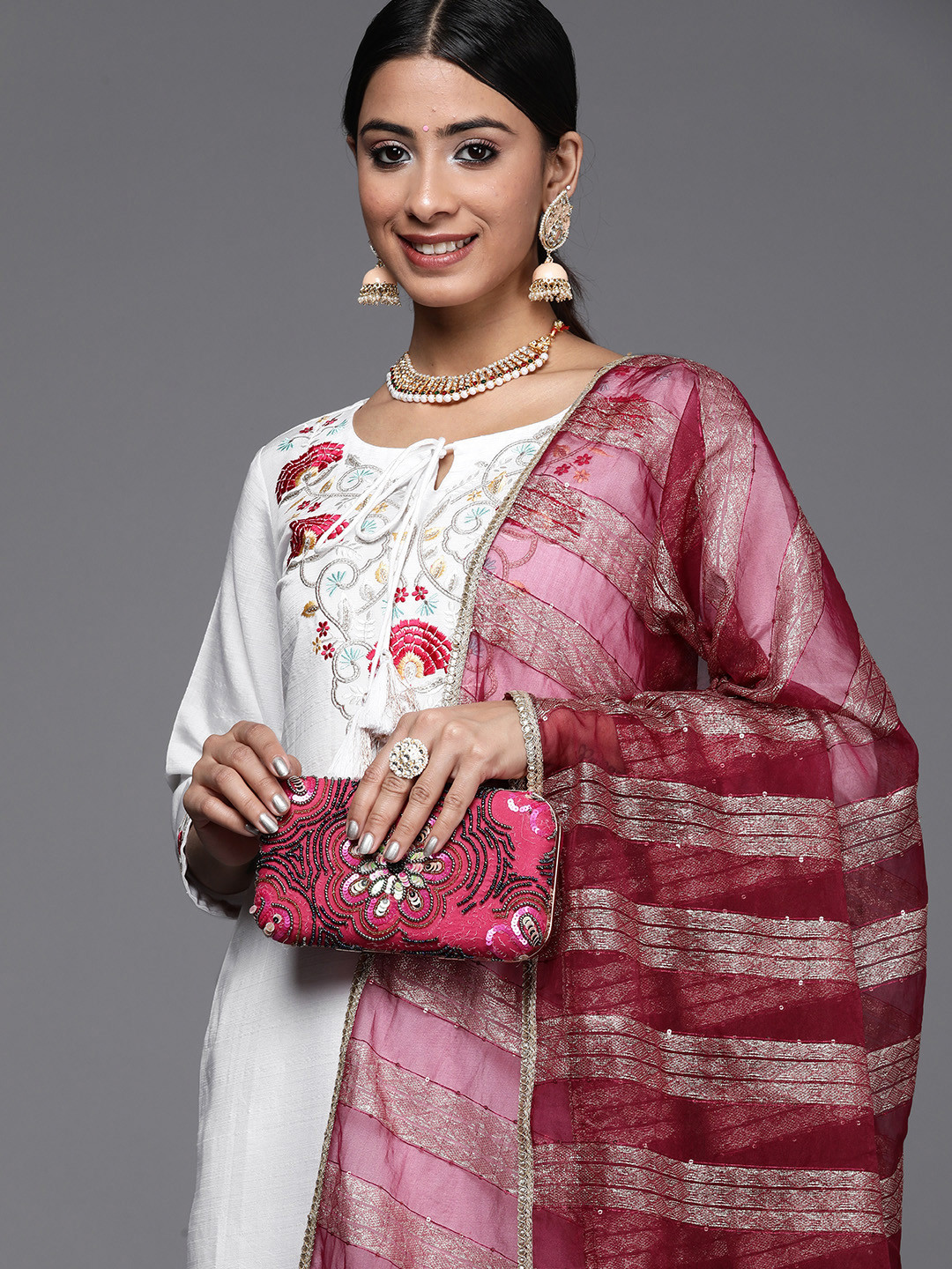 

Indo Era Women Floral Embroidered Thread Work Kurta with Trousers & Dupatta, White