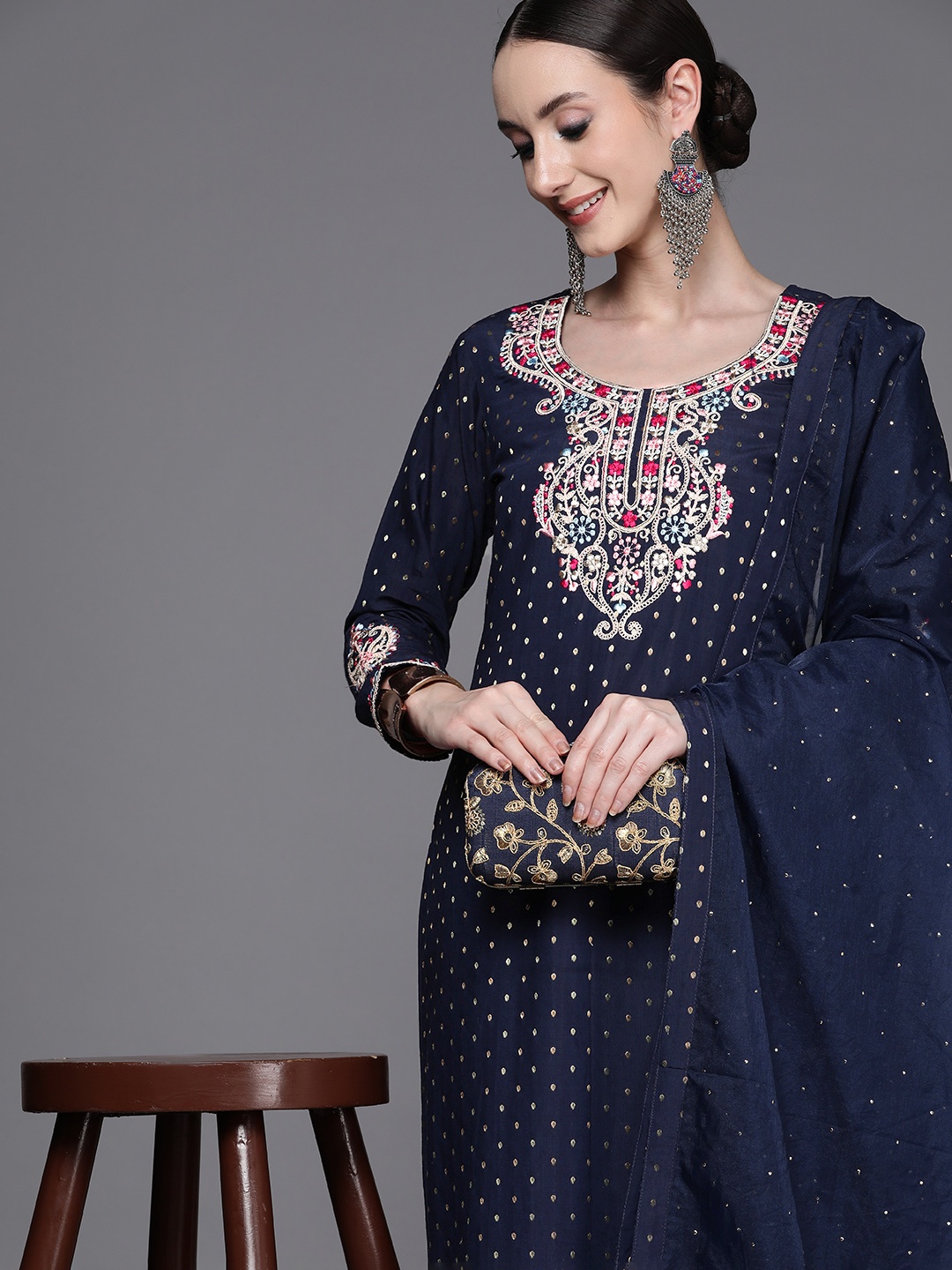 

Indo Era Women Embroidered Thread Work Chanderi Silk Kurta with Trousers & With, Navy blue