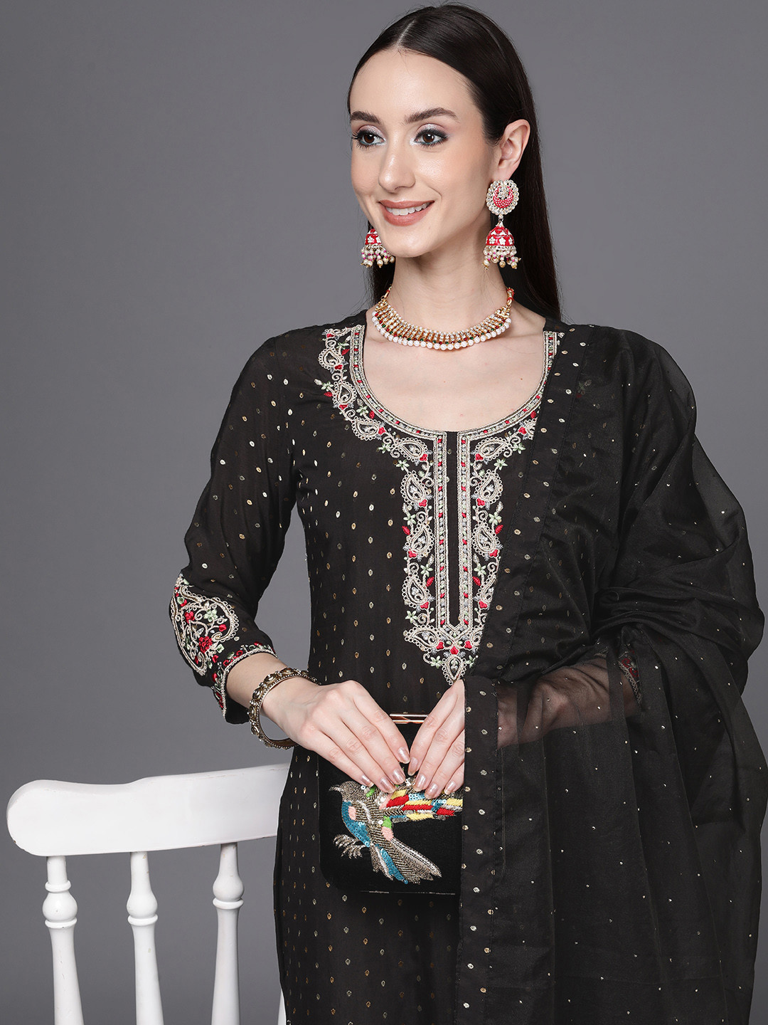 

Indo Era Women Black Ethnic Motifs Embroidered Thread Work Chanderi Silk Kurta with Trousers & With Dupatta