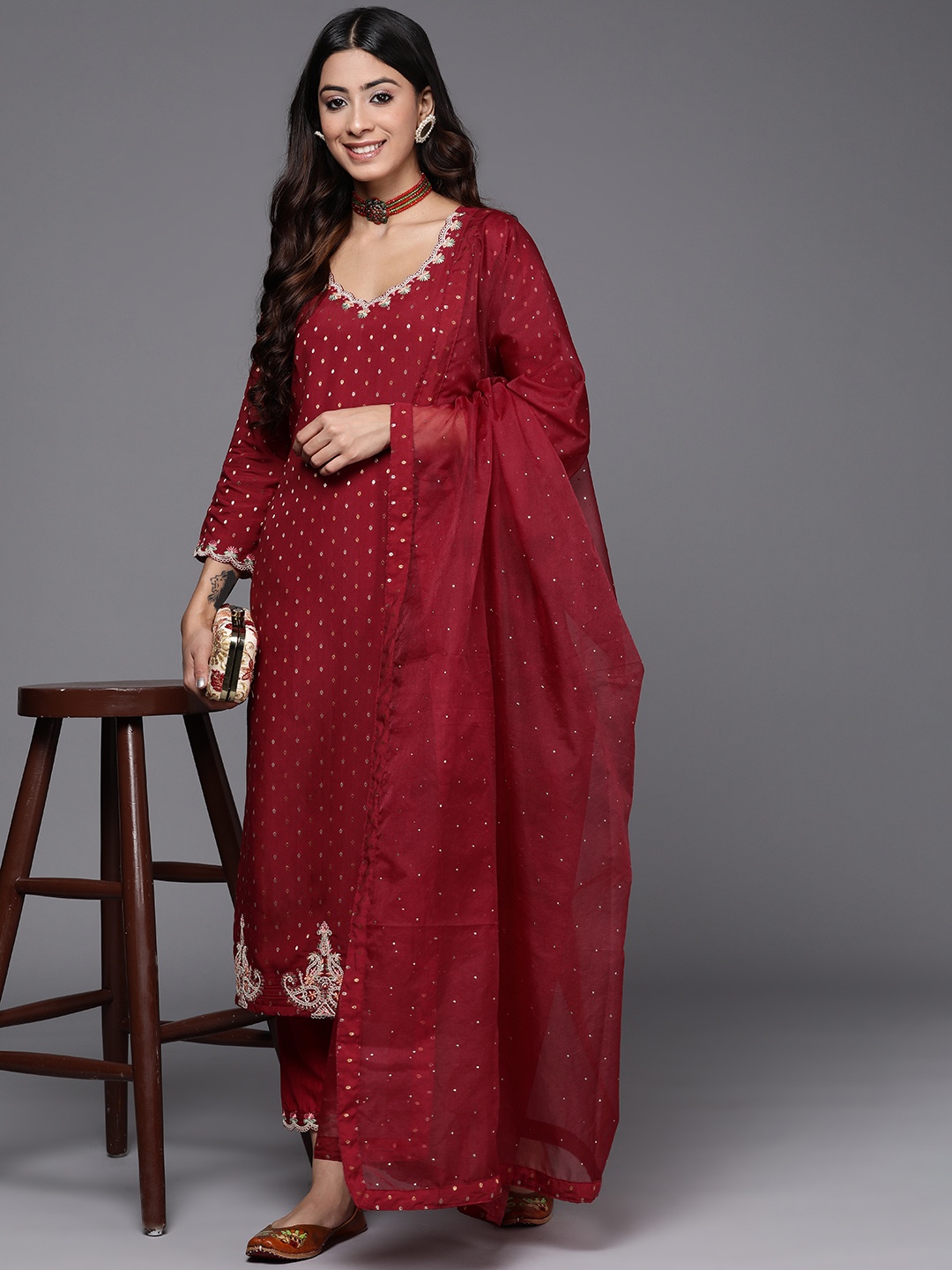 

Indo Era Women Maroon Ethnic Motifs Embroidered Thread Work Chanderi Silk Kurta with Trousers & With Dupatta