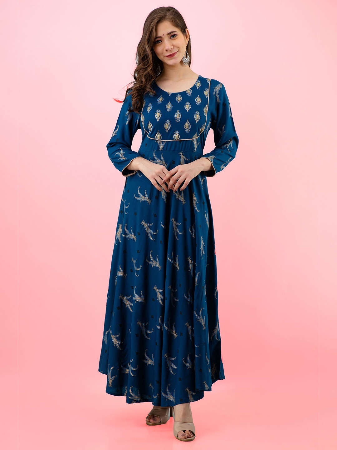 

NAYRAH Blue Ethnic Motifs Ethnic Round Neck Maxi Dress