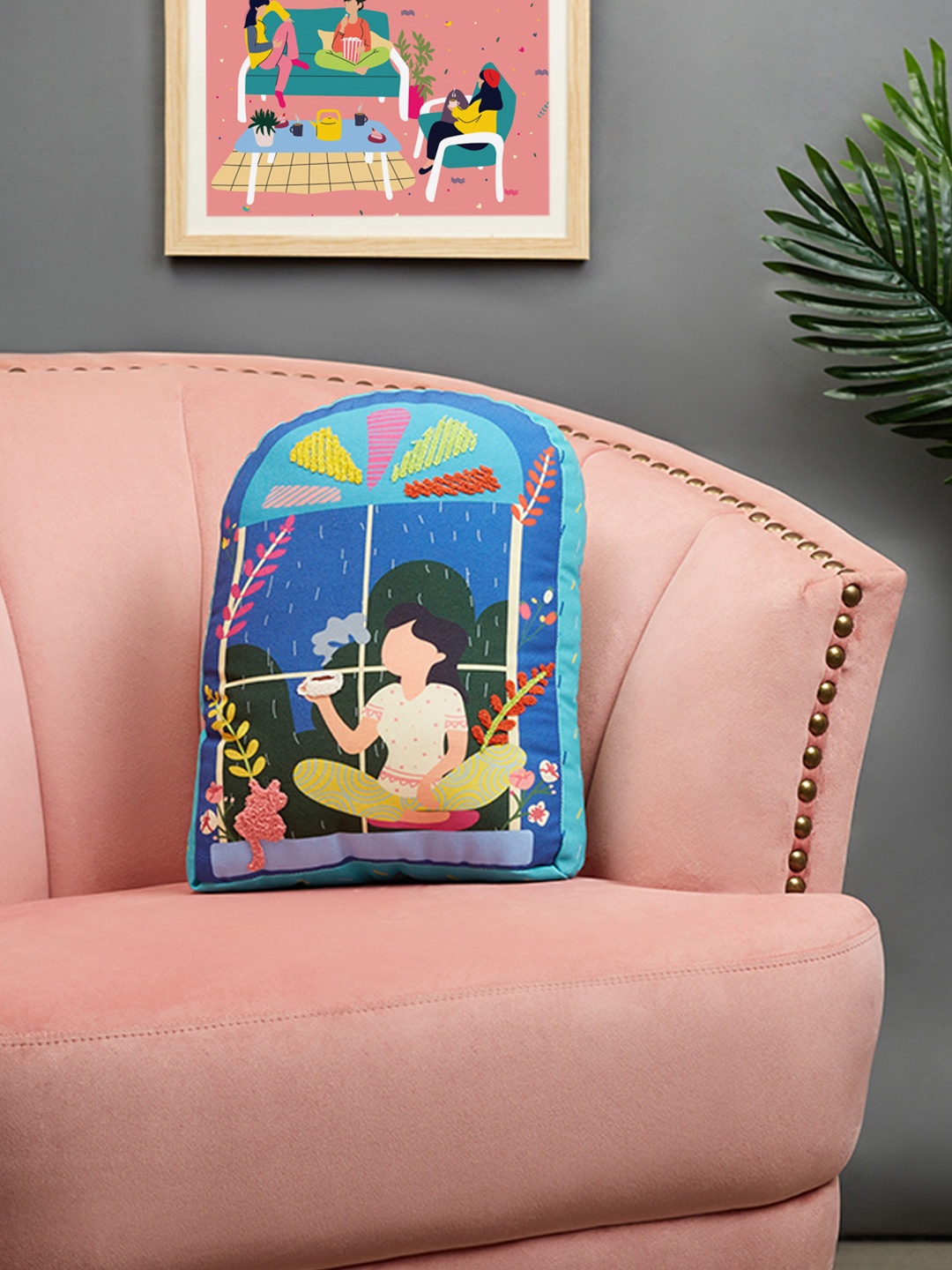 

HomeTown Sea Green & Blue Printed & Embroidered Reversible Cushion
