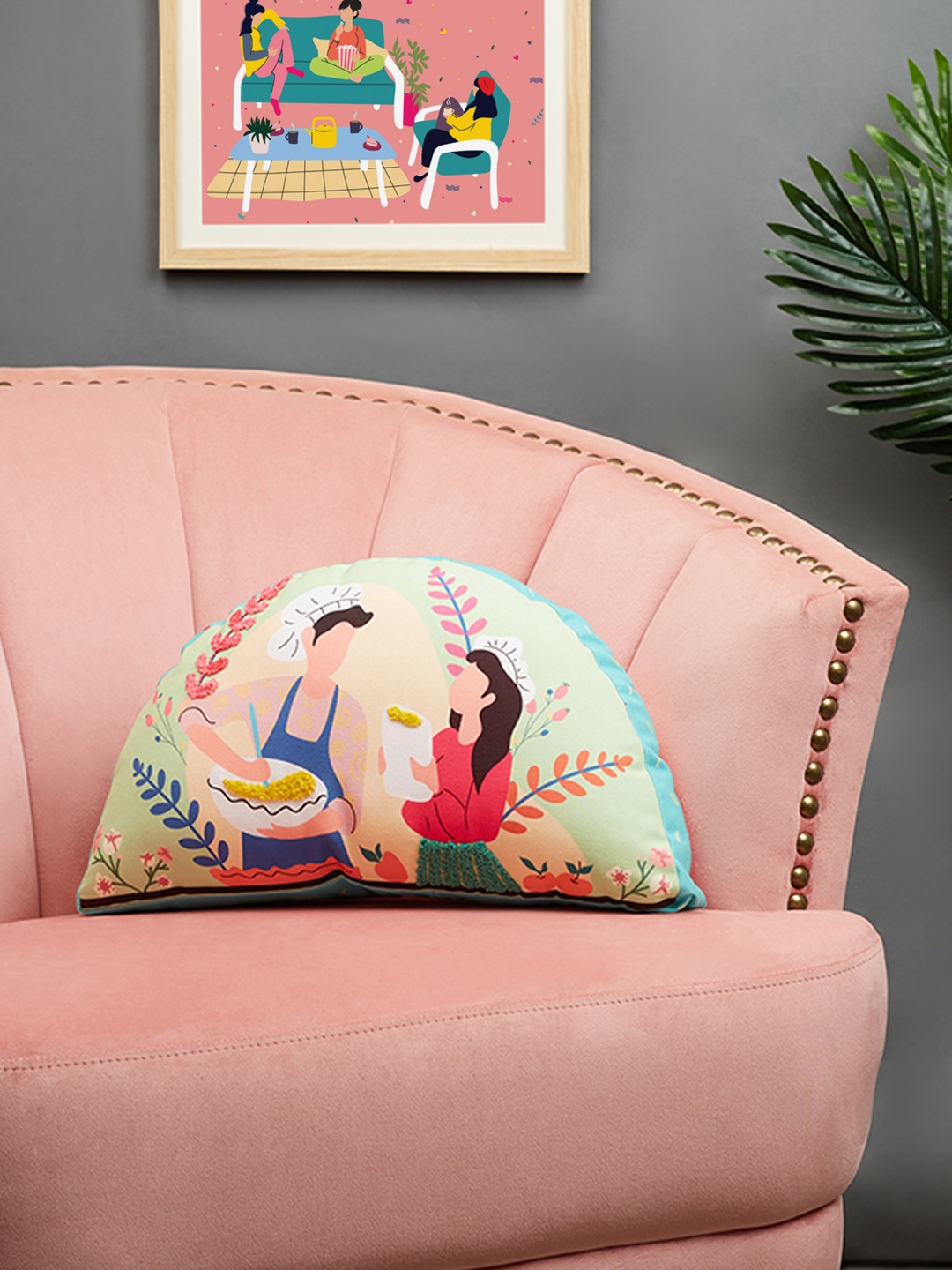 

HomeTown Pink & Blue Printed & Embroidered Reversible Cushion