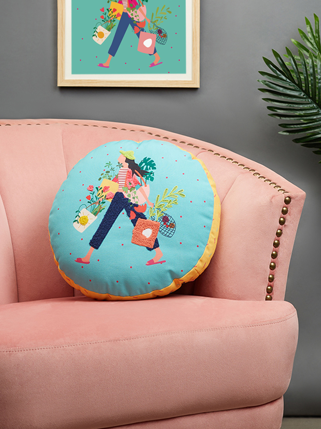 

HomeTown Pink & Blue Printed & Embroidered Reversible Cushion