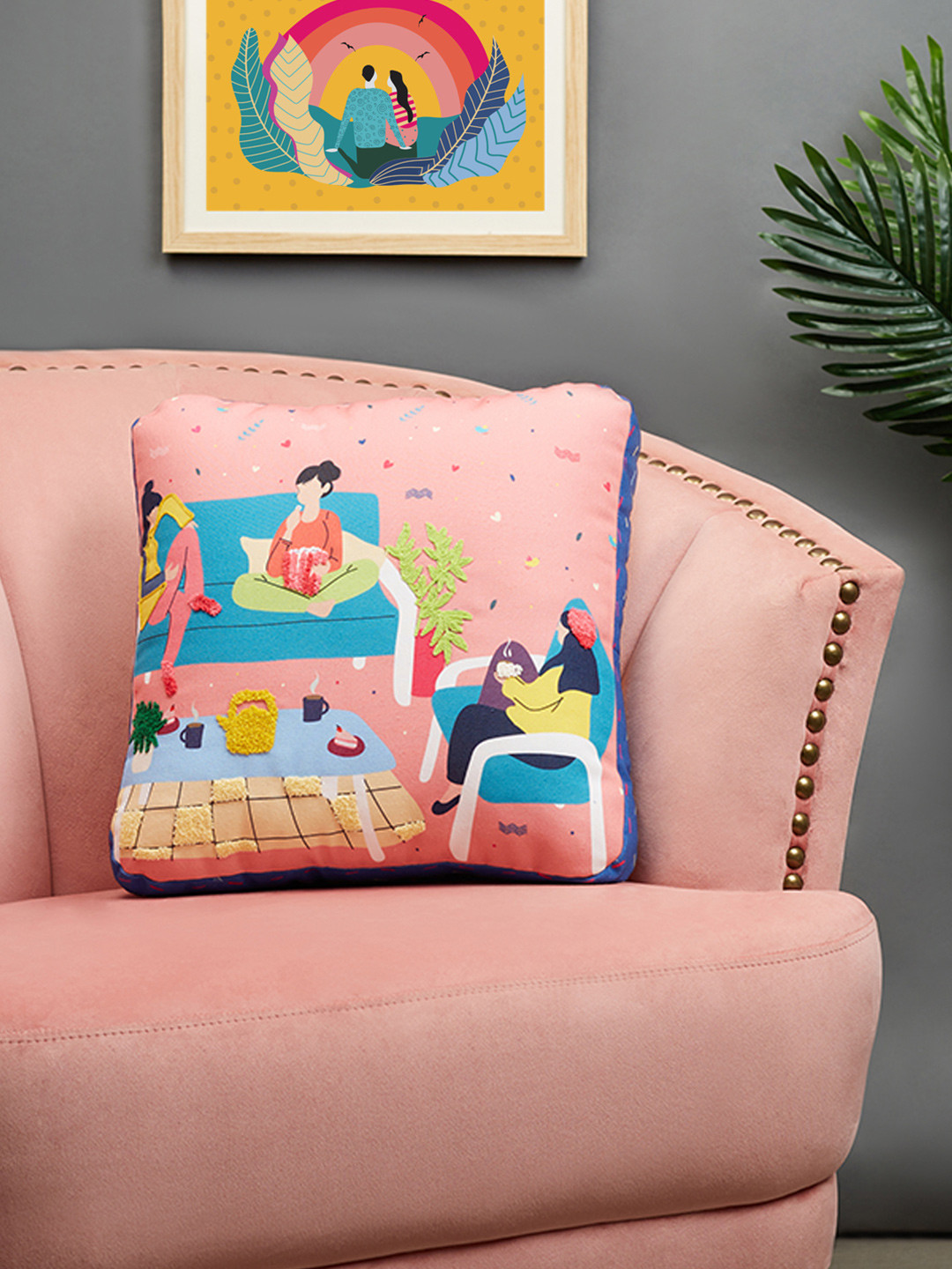 

HomeTown Yellow & Pink Printed & Embroidered Reversible Cushion