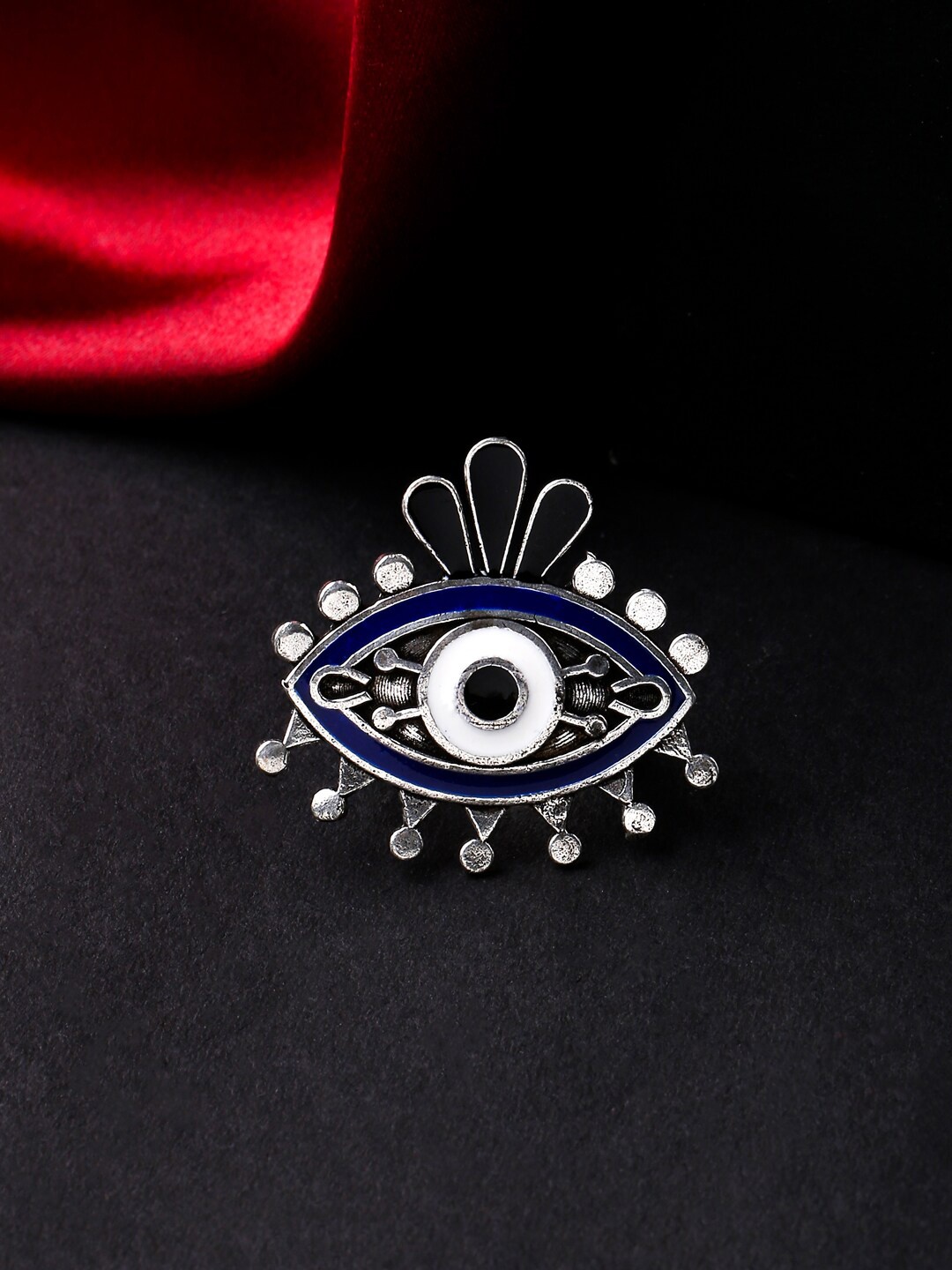 

VIRAASI SilverToned & Blue Brass-Plated Oxidised Meenakari Finger Ring, Silver