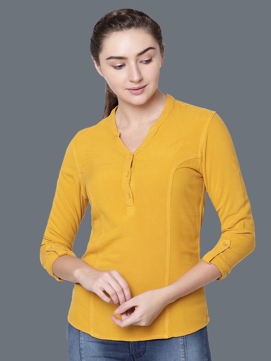 

IDENTITI Mustard Yellow Mandarin Collar Roll-Up Sleeves Shirt Style Top
