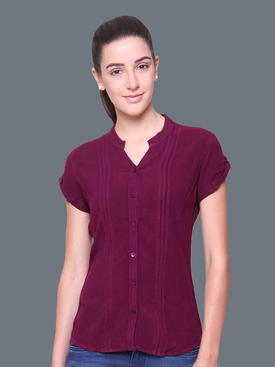

IDENTITI Maroon Mandarin Collar Shirt Style Top