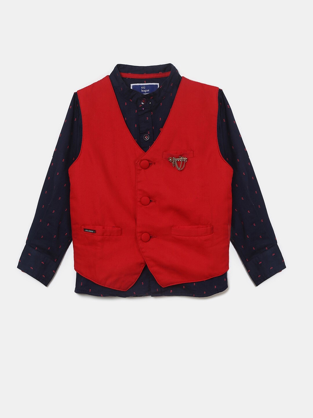 

V-Mart Boys Printed Casual Shirt With Waistcoat, Navy blue