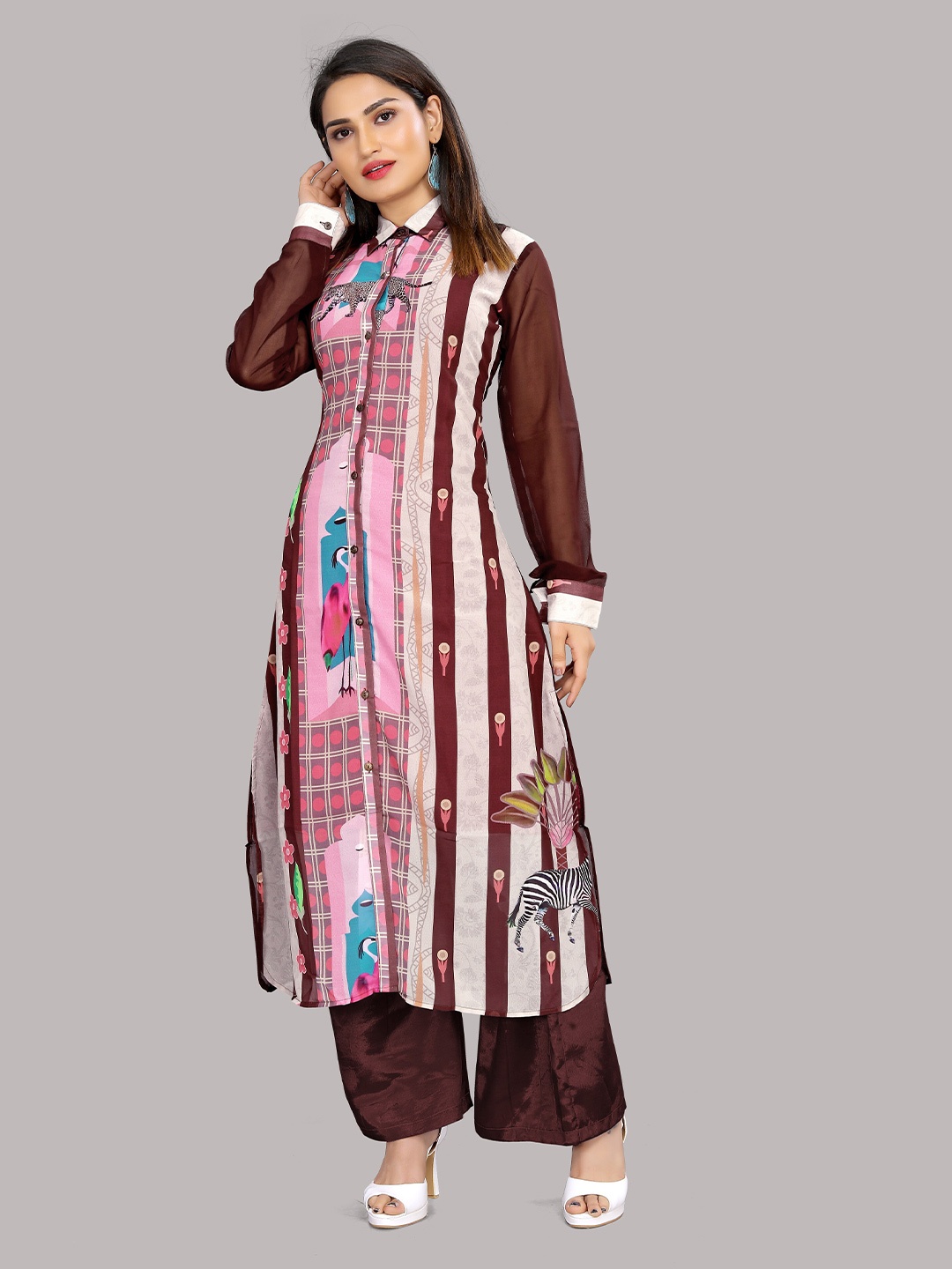 

Urban Luxe Women Maroon & Pink Printed Georgette Kurta